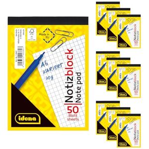 Idena 90437 Block kariert A6, 10 Stück, Notizblock mit 50 Blatt und ohne Rand, 70g/m² Papier ungelocht und kopfgeleimt Idena 90437 Block kariert A6, 10 Stück, Notizblock mit 50 Blatt und ohne Rand, 70g/m² Papier ungelocht und kopfgeleimt