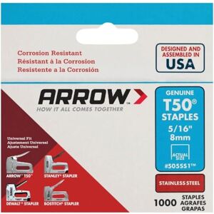 Arrow T50 Staples Box 1000 Stainless Steel 505ss 8mm 5/16in Arrow T50 Staples Box 1000 Stainless Steel 505ss 8mm 5/16in