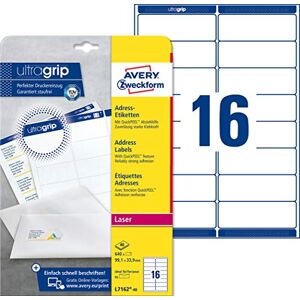 Avery L7162-40 Adressetiketten/Adressaufkleber (640 Etiketten mit ultragrip, 99,1x33,9mm auf A4, bedruckbar, selbstklebend, für DIN lang Briefkuverts, Papier matt) 40 Blatt, weiß Avery L7162-40 Adressetiketten/Adressaufkleber (640 Etiketten mit ultragrip, 99,1x33,9mm auf A4, bedruckbar, selbstklebend, für DIN lang Briefkuverts, Papier matt) 40 Blatt, weiß