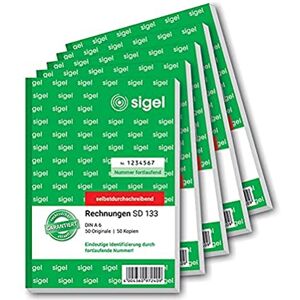 Sigel SD133/5 Rechnungen fortlaufend nummeriert, eindeutige 7stellige Nummer wie vom Finanzamt vorgeschrieben, A6, 2x50 Blatt, selbstdurchschreibend, 5 Stück, mit Abheftlochung, Rechnungsblock Sigel SD133/5 Rechnungen fortlaufend nummeriert, eindeutige 7stellige Nummer wie vom Finanzamt vorgeschrieben, A6, 2x50 Blatt, selbstdurchschreibend, 5 Stück, mit Abheftlochung, Rechnungsblock