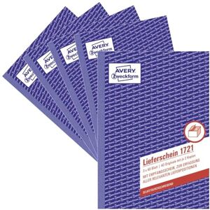 Avery 1721-5 Lieferschein mit Empfangsschein (A5, 3x40 Blatt, selbstdurchschreibend mit farbigen Durchschlägen, zur Erfassung aller relevanten Lieferpositionen) 5er Pack, weiß/gelb/rosa Avery 1721-5 Lieferschein mit Empfangsschein (A5, 3x40 Blatt, selbstdurchschreibend mit farbigen Durchschlägen, zur Erfassung aller relevanten Lieferpositionen) 5er Pack, weiß/gelb/rosa