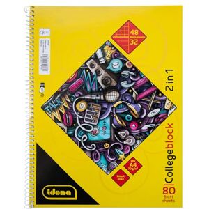 Idena 11181 Collegeblock 2in1 mit 48 Blatt kariert und 32 Blatt liniert in DIN A4, Block mit Spiralbindung, 80 Blatt mit 70 g/m², 4-fach gelocht und perforiert Idena 11181 Collegeblock 2in1 mit 48 Blatt kariert und 32 Blatt liniert in DIN A4, Block mit Spiralbindung, 80 Blatt mit 70 g/m², 4-fach gelocht und perforiert