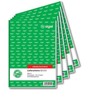 Sigel SD012/5 Lieferscheine A5, 3x40 Blatt, selbstdurchschreibend, 5er Pack, mikroperforiert, mit Abheftlochung, aus nachhaltigem Papier Sigel SD012/5 Lieferscheine A5, 3x40 Blatt, selbstdurchschreibend, 5er Pack, mikroperforiert, mit Abheftlochung, aus nachhaltigem Papier
