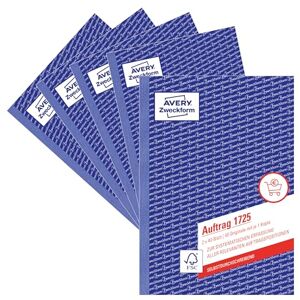 Avery 1725-5 Auftrag (A5, 2x40 Blatt, selbstdurchschreibend mit farbigem Durchschlag, zur systematischen Erfassung aller relevanten Auftragspositionen) 5er Pack, weiß/gelb Avery 1725-5 Auftrag (A5, 2x40 Blatt, selbstdurchschreibend mit farbigem Durchschlag, zur systematischen Erfassung aller relevanten Auftragspositionen) 5er Pack, weiß/gelb