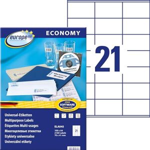 Europe100 Art. ELA045 Adressaufkleber (2.100 Klebeetiketten, 70x41mm auf A4, Papier matt, individuell bedruckbar, selbstklebende Adressetiketten, kompatibel zu AVERY 3481) 100 Blatt, weiß Europe100 Art. ELA045 Adressaufkleber (2.100 Klebeetiketten, 70x41mm auf A4, Papier matt, individuell bedruckbar, selbstklebende Adressetiketten, kompatibel zu AVERY 3481) 100 Blatt, weiß