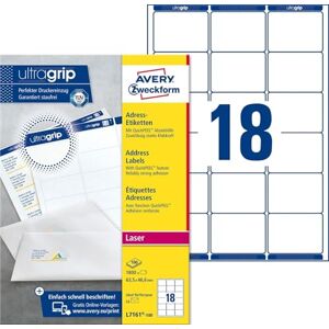Avery L7161-100 Adressetiketten/Adressaufkleber (1.800 Etiketten mit ultragrip, 63,5x46,6mm auf A4, bedruckbar, selbstklebend, für DIN B6/C6 Briefkuverts, Papier matt) 100 Blatt, weiß Avery L7161-100 Adressetiketten/Adressaufkleber (1.800 Etiketten mit ultragrip, 63,5x46,6mm auf A4, bedruckbar, selbstklebend, für DIN B6/C6 Briefkuverts, Papier matt) 100 Blatt, weiß