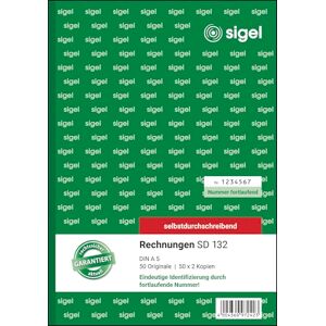 Sigel SD132 Rechnungen fortlaufend nummeriert, eindeutige 7stellige Nummer wie vom Finanzamt vorgeschrieben, A5, 3x50 Blatt, selbstdurchschreibend, mit Abheftlochung, Rechnungsblock Sigel SD132 Rechnungen fortlaufend nummeriert, eindeutige 7stellige Nummer wie vom Finanzamt vorgeschrieben, A5, 3x50 Blatt, selbstdurchschreibend, mit Abheftlochung, Rechnungsblock