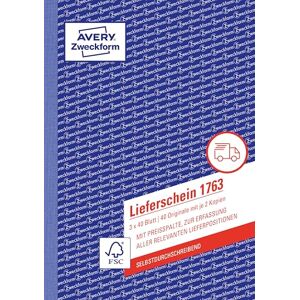 Avery 1763 Lieferschein mit Preisspalte (A5, 3x40 Blatt, selbstdurchschreibend mit farbigen Durchschlägen, zur Erfassung aller relevanten Lieferpositionen) weiß/gelb/rosa Avery 1763 Lieferschein mit Preisspalte (A5, 3x40 Blatt, selbstdurchschreibend mit farbigen Durchschlägen, zur Erfassung aller relevanten Lieferpositionen) weiß/gelb/rosa