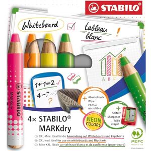 STABILO Whiteboard- und Flipchartmarker MARKdry 4er Pack mit Spitzer und Abwischtuch 4 Neonfarben STABILO Whiteboard- und Flipchartmarker MARKdry 4er Pack mit Spitzer und Abwischtuch 4 Neonfarben