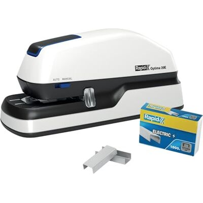 Rapid Optima 20E Elektrischer Tacker, Set aus Tacker und 1000 x Heftklammern, Kapazität 20 Blatt, mit LED-Anzeige, ideal für Büro und Home Office, 5 Jahre Garantie, Weiß, 2102351 Rapid Optima 20E Elektrischer Tacker, Set aus Tacker und 1000 x Heftklammern, Kapazität 20 Blatt, mit LED-Anzeige, ideal für Büro und Home Office, 5 Jahre Garantie, Weiß, 2102351