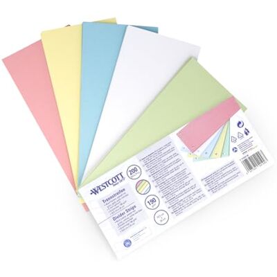 Westcott Trennstreifen 200 Stück Pastellfarben Mix Robuste Heftstreifen 190g/m² für A4 Ordner Trennblätter 10,5 x 24 cm Register mit 2-fach-Lochung für DIN-A4 Dokumente E-733322 00 Westcott Trennstreifen 200 Stück Pastellfarben Mix Robuste Heftstreifen 190g/m² für A4 Ordner Trennblätter 10,5 x 24 cm Register mit 2-fach-Lochung für DIN-A4 Dokumente E-733322 00