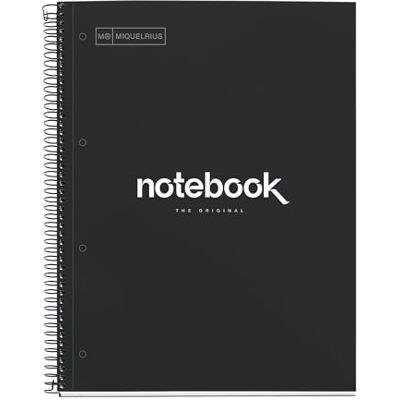 Miquelrius Notizbuch A4 Notebook, 1 farbiger Streifen, 80 Blatt mit raster 5 x 5 mm, Papier 90 g/m² mikroperforiert mit 4 Bohrungen für 4 Ringe, Einband aus Karton, Farbe Schwarz Miquelrius Notizbuch A4 Notebook, 1 farbiger Streifen, 80 Blatt mit raster 5 x 5 mm, Papier 90 g/m² mikroperforiert mit 4 Bohrungen für 4 Ringe, Einband aus Karton, Farbe Schwarz