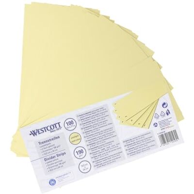 Westcott Trennstreifen 100 Stück Pastellgelb Robuste Heftstreifen 190g/m² für A4 Ordner Trennblätter 10,5 x 24 cm Register mit 2-fach-Lochung für DIN-A4 Dokumente E-733318 00 Westcott Trennstreifen 100 Stück Pastellgelb Robuste Heftstreifen 190g/m² für A4 Ordner Trennblätter 10,5 x 24 cm Register mit 2-fach-Lochung für DIN-A4 Dokumente E-733318 00