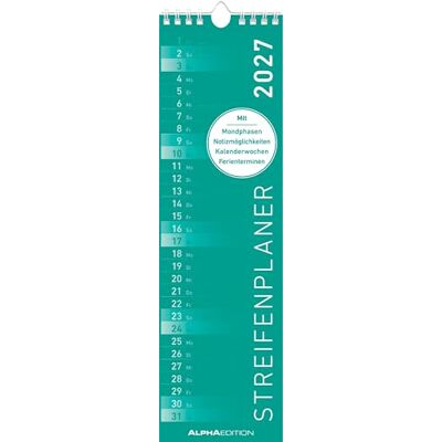 Alpha Streifenplaner Mini MINT 2027: schmaler Wandkalender 9,5x33 cm mit farblich markierten Wochenenden, Feiertagen & Mondphasen, ideal für Haushalt, Familie & Büro Alpha Streifenplaner Mini MINT 2027: schmaler Wandkalender 9,5x33 cm mit farblich markierten Wochenenden, Feiertagen & Mondphasen, ideal für Haushalt, Familie & Büro