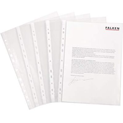 FALKEN 100x Klarsichthüllen DIN A4 Standard Prospekthüllen genarbt Hülle oben offen transparent mit Lochrand Kunststoff Klarsichtfolie Plastikhülle ideal für Ordner Ringbücher und Hefter FALKEN 100x Klarsichthüllen DIN A4 Standard Prospekthüllen genarbt Hülle oben offen transparent mit Lochrand Kunststoff Klarsichtfolie Plastikhülle ideal für Ordner Ringbücher und Hefter