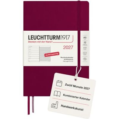 LEUCHTTURM1917 Wochenkalender 2027 Medium (A5) mit Notizbuch Terminplaner Deutsch, Port Red, Januar-Dezember 2027, Wochenübersicht links + Notizseite rechts LEUCHTTURM1917 Wochenkalender 2027 Medium (A5) mit Notizbuch Terminplaner Deutsch, Port Red, Januar-Dezember 2027, Wochenübersicht links + Notizseite rechts