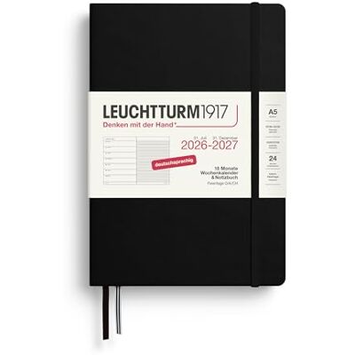 LEUCHTTURM1917 Wochenkalender 2027 A5 mit Notizbuch, liniert Terminplaner Deutsch, 18 Monate Juli 2026 Dezember 2027, Schwarz, Hardcover, 210 x 145 mm, Wochenübersicht links + Notizseite rechts LEUCHTTURM1917 Wochenkalender 2027 A5 mit Notizbuch, liniert Terminplaner Deutsch, 18 Monate Juli 2026 Dezember 2027, Schwarz, Hardcover, 210 x 145 mm, Wochenübersicht links + Notizseite rechts