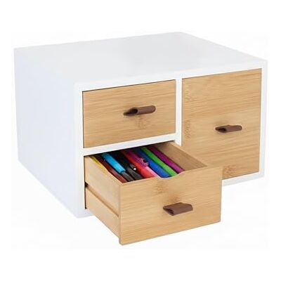 Relaxdays Schubladenbox Bambus & MDF, 3 Schubladen, Schlaufen, HBT: 15 x 25 x 20 cm, Schreibtisch Organizer, weiß/Natur Relaxdays Schubladenbox Bambus & MDF, 3 Schubladen, Schlaufen, HBT: 15 x 25 x 20 cm, Schreibtisch Organizer, weiß/Natur