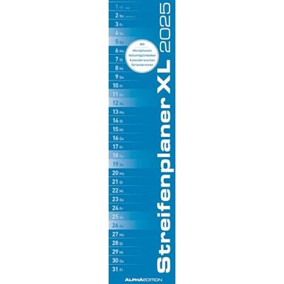 Alpha Streifenplaner XL BLAU 2025 Streifenkalender, 15x64cm, Wandkalender mit Platz für Notizen und Zusatzinformationen, Mondphasen und deutschem Kalendarium Alpha Streifenplaner XL BLAU 2025 Streifenkalender, 15x64cm, Wandkalender mit Platz für Notizen und Zusatzinformationen, Mondphasen und deutschem Kalendarium