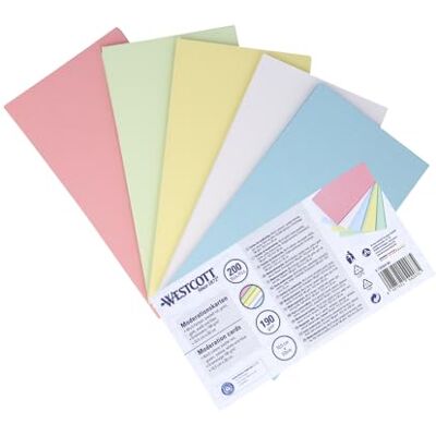 Westcott Moderationskarten 200 Stück Pastellfarben Mix Robuste Karteikarten 190gr/m² Format 10,5 x 20 cm ideal für Moderationskoffer, Workshops, Seminare E-733324 00 Westcott Moderationskarten 200 Stück Pastellfarben Mix Robuste Karteikarten 190gr/m² Format 10,5 x 20 cm ideal für Moderationskoffer, Workshops, Seminare E-733324 00