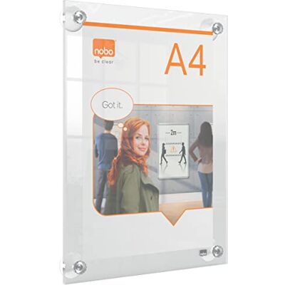 Nobo A4 Posterrahmen aus Acryl mit Wandhalterung, rahmenlos, Hoch-/Querformat, Befestigung mit Saugnapf-Pads, Premium Plus, transparent, 1915560 Nobo A4 Posterrahmen aus Acryl mit Wandhalterung, rahmenlos, Hoch-/Querformat, Befestigung mit Saugnapf-Pads, Premium Plus, transparent, 1915560