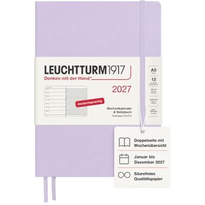 LEUCHTTURM1917 Wochenkalender 2027 Medium (A5) mit Notizbuch Terminplaner Deutsch, Lilac, Januar-Dezember 2027, Wochenübersicht links + Notizseite rechts LEUCHTTURM1917 Wochenkalender 2027 Medium (A5) mit Notizbuch Terminplaner Deutsch, Lilac, Januar-Dezember 2027, Wochenübersicht links + Notizseite rechts
