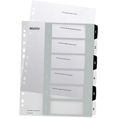 Leitz Register für A4+, PC-beschriftbares Deckblatt und 6 Trennblätter, Taben mit Zahlenaufdruck 1-6, Überbreite, Weiß/Schwarz, Polypropylen, WOW, 12140000 Leitz Register für A4+, PC-beschriftbares Deckblatt und 6 Trennblätter, Taben mit Zahlenaufdruck 1-6, Überbreite, Weiß/Schwarz, Polypropylen, WOW, 12140000