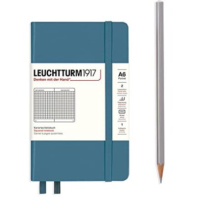 LEUCHTTURM1917 365632 Notizbuch Pocket (A6), Hardcover, 187 nummerierte Seiten, Stone Blue, Kariert LEUCHTTURM1917 365632 Notizbuch Pocket (A6), Hardcover, 187 nummerierte Seiten, Stone Blue, Kariert