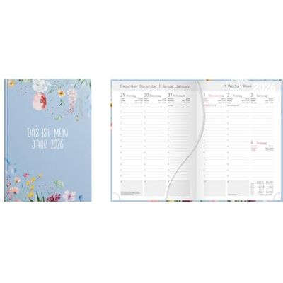 Idena 12040 Taschenkalender DIN A5 2026 "Mein Jahr", 1 Woche auf 2 Seiten, Terminplaner mit wattiertem Hardcover-Einband, Blütenmotiv und Leseband Idena 12040 Taschenkalender DIN A5 2026 "Mein Jahr", 1 Woche auf 2 Seiten, Terminplaner mit wattiertem Hardcover-Einband, Blütenmotiv und Leseband
