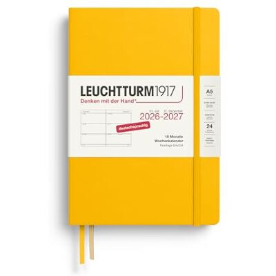 LEUCHTTURM1917 Wochenkalender 2027 Medium (A5) Deutsch, Sunflower, Hardcover, 145 x 210 mm, 18 Monate 07. 2026-12.2027, 1 Woche pro Doppelseite, 80 g/m² Papier mit hoher Tintenverträglichkeit LEUCHTTURM1917 Wochenkalender 2027 Medium (A5) Deutsch, Sunflower, Hardcover, 145 x 210 mm, 18 Monate 07. 2026-12.2027, 1 Woche pro Doppelseite, 80 g/m² Papier mit hoher Tintenverträglichkeit