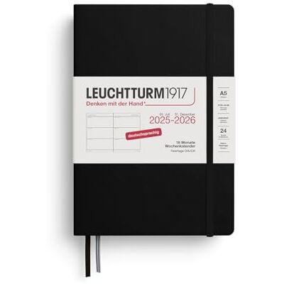 LEUCHTTURM1917 372627 Wochenkalender Medium (A5) 2026, 18 Monate 07.2025-12.2026, Hardcover, Schwarz, Deutsch LEUCHTTURM1917 372627 Wochenkalender Medium (A5) 2026, 18 Monate 07.2025-12.2026, Hardcover, Schwarz, Deutsch