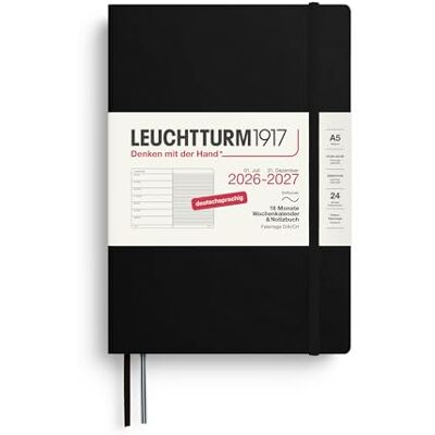 LEUCHTTURM1917 Wochenkalender 2027 A5 mit Notizbuch, liniert Terminplaner Deutsch, 18 Monate Juli 2026 Dezember 2027, Schwarz, Softcover, 210 x 145 mm, Wochenübersicht links + Notizseite rechts LEUCHTTURM1917 Wochenkalender 2027 A5 mit Notizbuch, liniert Terminplaner Deutsch, 18 Monate Juli 2026 Dezember 2027, Schwarz, Softcover, 210 x 145 mm, Wochenübersicht links + Notizseite rechts