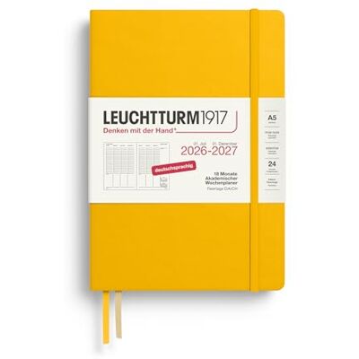 LEUCHTTURM1917 Wochenplaner 2027 Medium (A5) Deutsch, Sunflower, 210 x 145 mm, Juli-Dezember (18 Monate), Wochenübersicht mit Stundenraster 7:00-22:00 je Spalte, Hardcover, 80 g/m² Papier LEUCHTTURM1917 Wochenplaner 2027 Medium (A5) Deutsch, Sunflower, 210 x 145 mm, Juli-Dezember (18 Monate), Wochenübersicht mit Stundenraster 7:00-22:00 je Spalte, Hardcover, 80 g/m² Papier