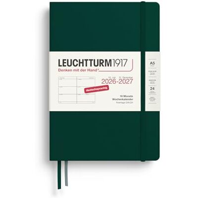 LEUCHTTURM1917 Wochenkalender 2027 Medium (A5) Deutsch, Forest Green, Hardcover, 145 x 210 mm, 18 Monate 07. 2026-12.2027, 1 Woche pro Doppelseite, 80 g/m² Papier mit hoher Tintenverträglichkeit LEUCHTTURM1917 Wochenkalender 2027 Medium (A5) Deutsch, Forest Green, Hardcover, 145 x 210 mm, 18 Monate 07. 2026-12.2027, 1 Woche pro Doppelseite, 80 g/m² Papier mit hoher Tintenverträglichkeit