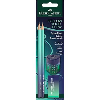Faber-Castell Schreibset Flow Buzzing Blue 4-teilig Mit 2 Bleistiften B, 1 Radiergummi und 1 Anspitzer, für Kinder und Erwachsene Faber-Castell Schreibset Flow Buzzing Blue 4-teilig Mit 2 Bleistiften B, 1 Radiergummi und 1 Anspitzer, für Kinder und Erwachsene