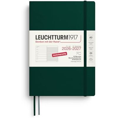 LEUCHTTURM1917 Wochenkalender 2027 A5 mit Notizbuch, liniert, Terminplaner Deutsch, 18 Monate Juli 2026 Dezember 2027, Forest Green Softcover, 210 x 145 mm, Wochenübersicht links + Notizseite rechts LEUCHTTURM1917 Wochenkalender 2027 A5 mit Notizbuch, liniert, Terminplaner Deutsch, 18 Monate Juli 2026 Dezember 2027, Forest Green Softcover, 210 x 145 mm, Wochenübersicht links + Notizseite rechts