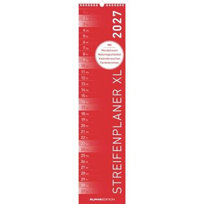 Alpha Streifenplaner XL ROT 2027: schmaler Wandplaner 15x64 cm mit farblich markierten Wochenenden, Feiertagen & Mondphasen, ideal für Haushalt, Familie & Büro Alpha Streifenplaner XL ROT 2027: schmaler Wandplaner 15x64 cm mit farblich markierten Wochenenden, Feiertagen & Mondphasen, ideal für Haushalt, Familie & Büro