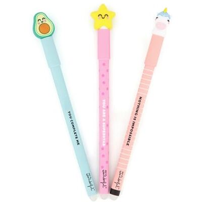 Mr. Wonderful Set mit 3 löschbaren Bo-Bo-Kugeln, Stern, Avocado, Einhorn Kugelschreiber mit blauer Tinte Mr. Wonderful Set mit 3 löschbaren Bo-Bo-Kugeln, Stern, Avocado, Einhorn Kugelschreiber mit blauer Tinte