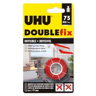 UHU Doublefix unsichtbar – doppelseitiges Klebeband, ultra-stark, transparent, Rolle 1,5 m x 19 mm UHU Doublefix unsichtbar – doppelseitiges Klebeband, ultra-stark, transparent, Rolle 1,5 m x 19 mm