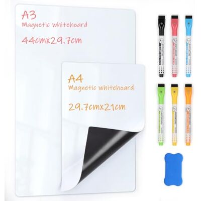 VynyQoo Magnetische Whiteboard Folie 2er-Set A3 +A4 Magnettafel für Kühlschrank, trocken abwischbar mit 6 Markern & Radierer Ideal als Familienplaner, Essensplaner, Haushaltsplaner oder To-Do-Liste VynyQoo Magnetische Whiteboard Folie 2er-Set A3 +A4 Magnettafel für Kühlschrank, trocken abwischbar mit 6 Markern & Radierer Ideal als Familienplaner, Essensplaner, Haushaltsplaner oder To-Do-Liste