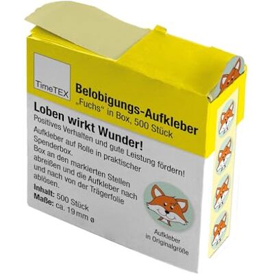 TimeTEX Belobigungs-Aufkleber "Fuchs" Lehrersticker für motivierendes Feedback 500 Sticker in praktischer Spender-Box 1 Motiv 19 mm ø TimeTEX Belobigungs-Aufkleber "Fuchs" Lehrersticker für motivierendes Feedback 500 Sticker in praktischer Spender-Box 1 Motiv 19 mm ø