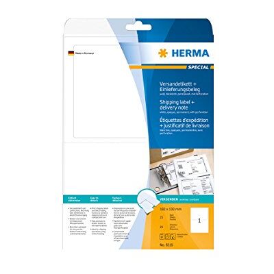 Herma 8316 Versandetiketten mit Einlieferungsbeleg blickdicht, 25 Blatt, 182 x 130 mm, 1 pro A4 Bogen, 25 Stück, selbstklebend, bedruckbar, matt, blanko Papier Adressetiketten Aufkleber, weiß Herma 8316 Versandetiketten mit Einlieferungsbeleg blickdicht, 25 Blatt, 182 x 130 mm, 1 pro A4 Bogen, 25 Stück, selbstklebend, bedruckbar, matt, blanko Papier Adressetiketten Aufkleber, weiß