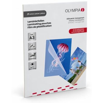 Olympia Laminierfolien A3 125 Micron 25 Stück – Premium Laminier Taschen Glänzend, Extra Stark & Reißfest – Laminierfolie für Dokumente, Fotos, Speisekarten – Kompatibel mit Laminiergerät, 9183 Olympia Laminierfolien A3 125 Micron 25 Stück – Premium Laminier Taschen Glänzend, Extra Stark & Reißfest – Laminierfolie für Dokumente, Fotos, Speisekarten – Kompatibel mit Laminiergerät, 9183