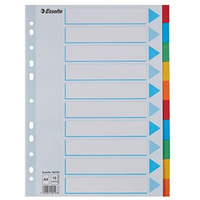 Esselte A4 Ordner-Register, 10er-Set mit je 10 farbigen Trennblättern und einem Deckblatt, für Ringbücher und Ordner mit Hebelmechanik, aus langlebigem, umweltfreundlichem Recycling-Karton, 100193 Esselte A4 Ordner-Register, 10er-Set mit je 10 farbigen Trennblättern und einem Deckblatt, für Ringbücher und Ordner mit Hebelmechanik, aus langlebigem, umweltfreundlichem Recycling-Karton, 100193