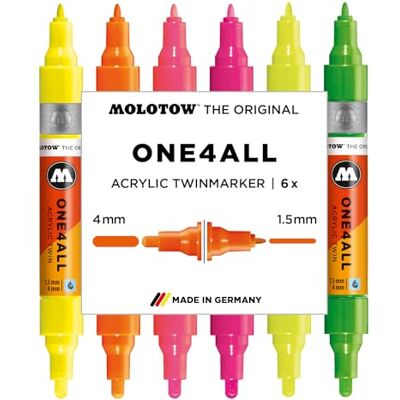 Molotow One4All Acrylic Twin Marker Neon Set (1,5 und 4,0 mm Strichstärke, hochdeckend und permanent, schnell trocknend, nachfüllbar, für fast alle Untergründe) 6 Stück sortiert Molotow One4All Acrylic Twin Marker Neon Set (1,5 und 4,0 mm Strichstärke, hochdeckend und permanent, schnell trocknend, nachfüllbar, für fast alle Untergründe) 6 Stück sortiert