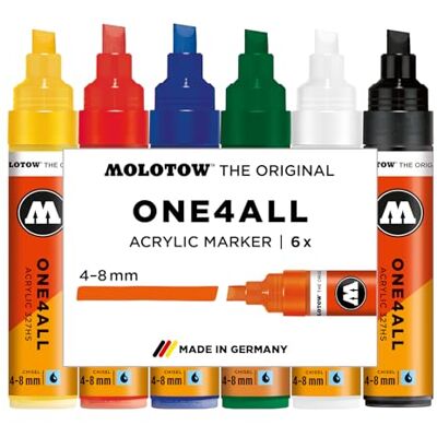 Molotow One4All 327HS Acryl Marker Basic Set 1 (4,0-8,0 mm Strichstärke, hochdeckend und permanent, schnell trocknend, nachfüllbar, für fast alle Untergründe) 6 Stück sortiert Molotow One4All 327HS Acryl Marker Basic Set 1 (4,0-8,0 mm Strichstärke, hochdeckend und permanent, schnell trocknend, nachfüllbar, für fast alle Untergründe) 6 Stück sortiert