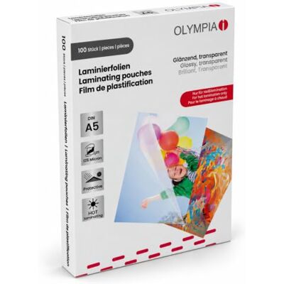 Olympia Laminierfolien A5 125 Mic – 100 Laminiertaschen glänzend – EXTRA STARK & REISSFEST – Laminierfolie für Laminiergerät – wasserfest, transparent für Dokumente, Fotos, Speisekarten, 9177 Olympia Laminierfolien A5 125 Mic – 100 Laminiertaschen glänzend – EXTRA STARK & REISSFEST – Laminierfolie für Laminiergerät – wasserfest, transparent für Dokumente, Fotos, Speisekarten, 9177