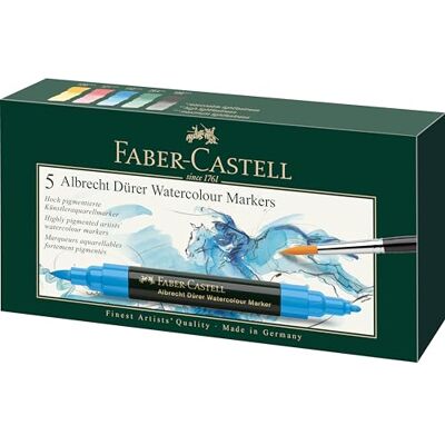 Faber-Castell Albrecht Dürer Aquarellmarker, 5 Farben Hoch pigmentierte Künstlerstifte mit Pinsel- und Faserspitze für flächigen und präzisen Farbauftrag Faber-Castell Albrecht Dürer Aquarellmarker, 5 Farben Hoch pigmentierte Künstlerstifte mit Pinsel- und Faserspitze für flächigen und präzisen Farbauftrag