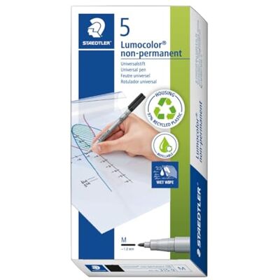 Staedtler Folienstift Lumocolor non-permanent, wasserlösliche Tinte, für fast alle Oberflächen geeignet, Linienbreite M 1 mm, nachfüllbar, lange Lebensdauer, 5 schwarze Stifte, 315-9X Staedtler Folienstift Lumocolor non-permanent, wasserlösliche Tinte, für fast alle Oberflächen geeignet, Linienbreite M 1 mm, nachfüllbar, lange Lebensdauer, 5 schwarze Stifte, 315-9X