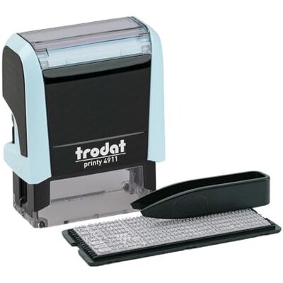 Trodat Printy 4911 Typomatic, Textstempel zum Selbersetzen pastellblau Abdruck 37x13 mm, Abdruck schwarz, selbstfärbend, dokumentenecht, inkl. 1 Zeichenset in 3 mm Schrifthöhe und Pinzette Trodat Printy 4911 Typomatic, Textstempel zum Selbersetzen pastellblau Abdruck 37x13 mm, Abdruck schwarz, selbstfärbend, dokumentenecht, inkl. 1 Zeichenset in 3 mm Schrifthöhe und Pinzette